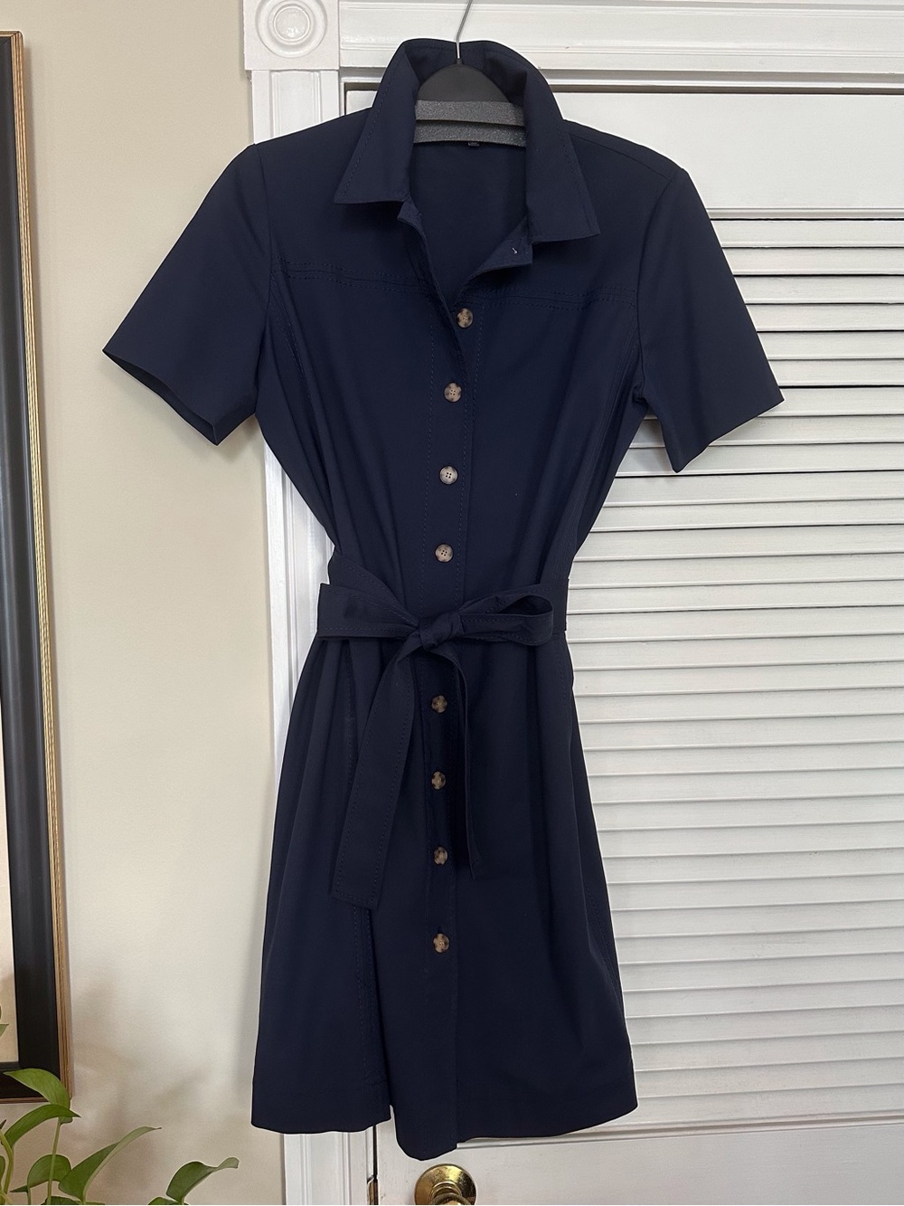 Lafayette 148 New York Navy Short-Sleeve Shirt Dress with Belt